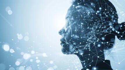 Fototapete - Silhouette of a woman with digital connections and data points, symbolizing AI and technology integration with human cognition.