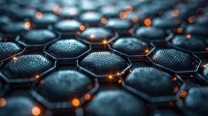 Wall Mural - 3D rendering of futuristic hexagons with glowing orange lights.
