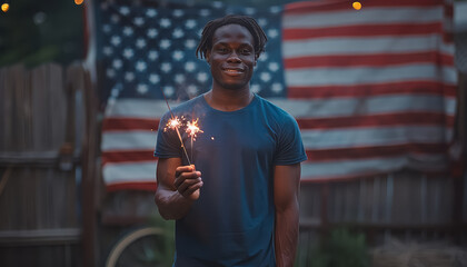 Poster - A man holding a sparkler in front of an American flag