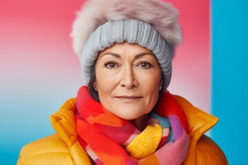 Wall Mural - Portrait of a content woman in her 50s dressed in a warm ski hat in front of soft multicolor background