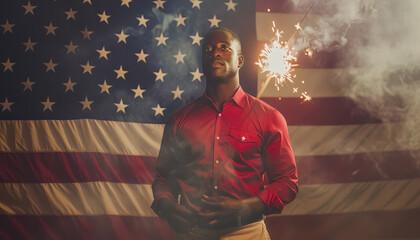 Poster - A man is standing in front of an American flag, holding a lighter and a sparkler