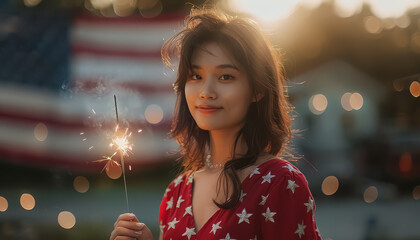 Wall Mural - Asian woman in a red dress is holding a sparkler in front of an American flag