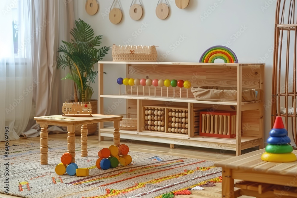 Montessori education. Nursery room interior with wooden furniture and ...