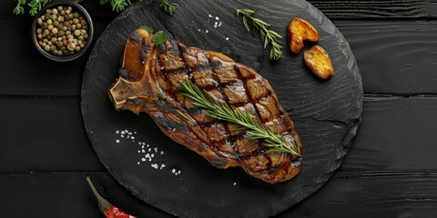 Wall Mural - Grilled steak garnished with fresh rosemary and peppercorns on a black textured background, showcasing a delicious and visually striking culinary presentation..