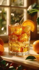 Wall Mural - Refreshing glass of iced orange drink with slices of oranges, perfect for a warm sunny day. Fresh and vibrant drink by the window.