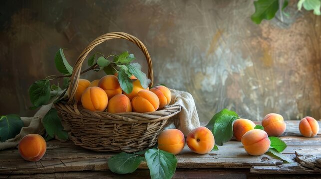 rustic still life with a basket of ripe juicy apricots on a weathered wooden table celebrating natures bounty closeup photograph