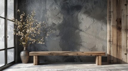 Wall Mural - rustic wooden bench in industrial loft entrance with concrete walls 3d interior rendering