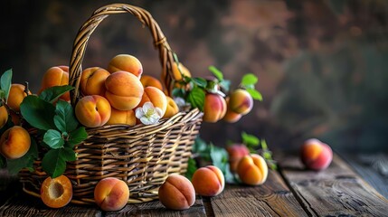 Wall Mural - rustic wooden table with ripe apricots fresh summer fruit harvest in wicker basket closeup food photography