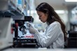 © Mina Nida - A young female scientist, wearing a lab coat and gloves, intently examines a specimen. Her focused expression and the sterile environment of the laboratory Generative ai