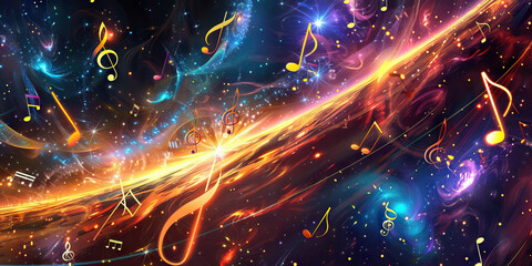 Wall Mural - Celestial Harmonies: Music Notes Drifting Through Celestial Bodies and Cosmic Phenomena