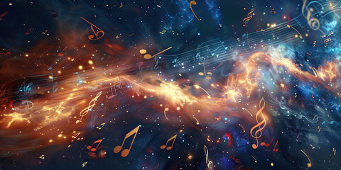 Wall Mural - Celestial Harmonies: Music Notes Drifting Through Celestial Bodies and Cosmic Phenomena