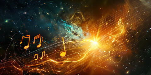 Wall Mural - Celestial Harmonies: Music Notes Drifting Through Celestial Bodies and Cosmic Phenomena