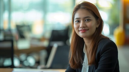 Portrait of filipina woman beautiful business leader, in modern bright office boardroom, professional atmosphere, leadership, diverse workplace, corporate setting.