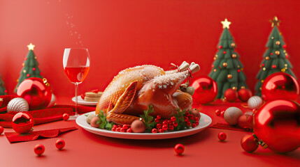 Wall Mural - 3d Cartoon Christmas Dinner with roast turkey