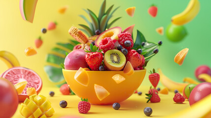 Wall Mural - 3d Cartoon fruit salad with vibrant fruits