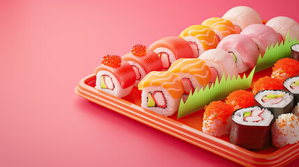 Wall Mural -  A plate with a sushi roll featuring salmon, surrounded by fresh ingredients like cheese, tomato, and salad, creating a delicious and healthy meal