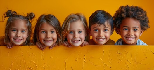 Happy children of different races peeking over yellow board, smiling, and looking directly at camera