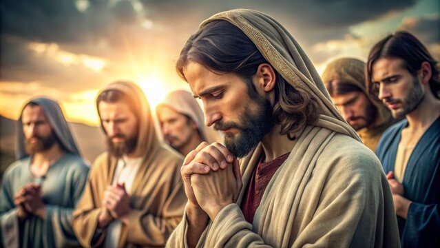 of Jesus Christ with his disciples praying in a serene background, god, religious, spiritual, gospel, grace, blessed