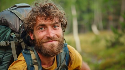 Wall Mural - close-up of the backpacker's face, showing his expression of amazement and satisfaction generative ai