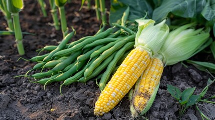 Wall Mural - Yellow corn cobs and green beans just after picking them. generative ai