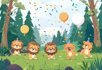 In a nature forest background, lions are depicted in a party theme