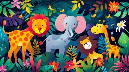 Wall Mural - The African animals jungle safari cartoon is a fun color illustration that shows a lion, giraffe, elephant, crocodile and a giraffe as a cute little baby. Take a closer look at the exotic animals in