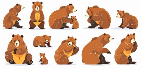 Wall Mural - Modern flat cartoon character of a large brown bear in different poses. Walking, running, sleeping, attacking.