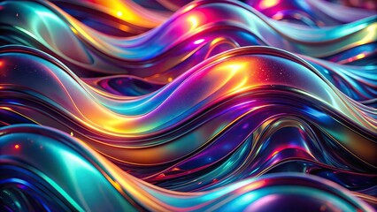 Abstract dark holographic iridescent neon background with fluid liquid glass curved waves in motion render , holographic, iridescent, neon, background, fluid, liquid, glass, curved, wave