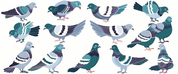 Pigeon modern doodle pattern on white. Adorable funny animal characters hand drawn collection of cute pigeons.