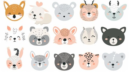 Wall Mural - Set of cartoon animal heads in a flat design. Pack includes lion, fox, raccoon, rabbit, sheep, panda, dog, tiger, owl, hedgehog, cat, lama, and other isolated characters.