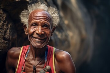 Wall Mural - Portrait of a happy afro-american elderly 100 years old man wearing a lightweight running vest isolated in rocky cliff background