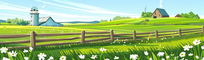 Wall Mural - Landscape with green grass, flowers, trees. Farmland with windmill, house, hay stacks. Outdoor village scenery. Modern illustration.