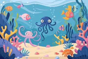 Wall Mural - A cartoon underwater sea with fish, octopus, jellyfish and ocean animals. Images of underwater seas with fish, octopus, and jellyfish