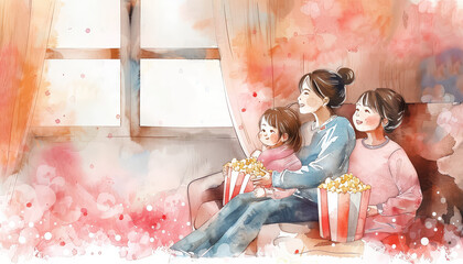 Wall Mural - A cartoon of a family of three sitting on a couch and eating popcorn