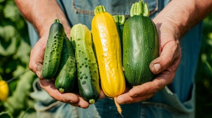 Wall Mural - farmer holding long cucumbers and yellow zucchini. generative ai