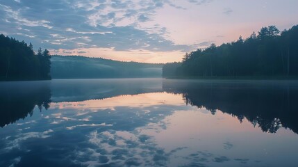 Poster - serene lake reflecting surreal landscape at dusk dreamlike atmosphere