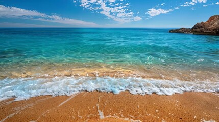 Sticker - serene mediterranean beach turquoise waters and golden sand idyllic tropical paradise landscape photography