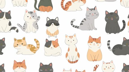 Wall Mural - Kawaii cute cats or kittens in funny poses - modern seamless pattern. Cartoon fat cats for print or sticker designs.
