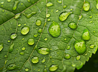 Wall Mural - Closeup of water droplets on the surface of green leaf