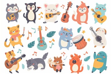 Wall Mural - Illustrations depicting cute cartoon animal characters playing musical instruments