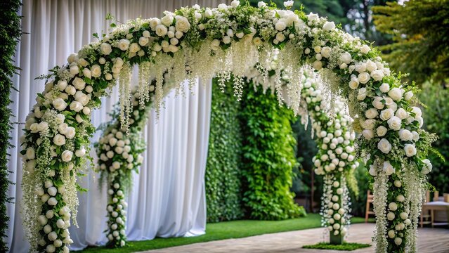 Elegant wedding arch covered in white flowers and greenery , wedding, background, abstract, arch, floral, decoration, marriage, romantic, ceremony, love, event, celebration, beautiful, design