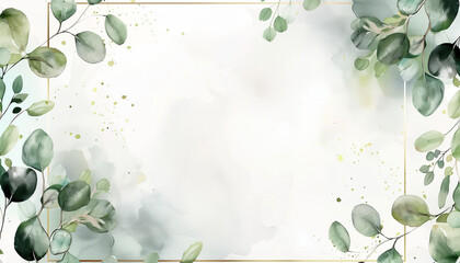 Watercolor eucalyptus leaves with gold frame