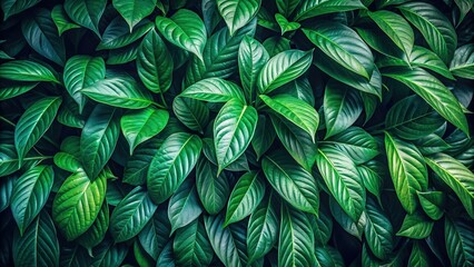 Lush green foliage in dark tones, ideal for nature backgrounds or graphic design elements with a play of light and shadow , green, foliage, leaves, dark, serene, nature, background