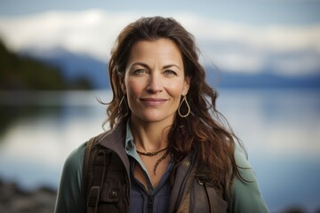 Wall Mural - Portrait of a glad woman in her 40s wearing a rugged jean vest over beautiful lagoon background