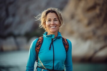 Wall Mural - Portrait of a jovial woman in her 40s sporting a technical climbing shirt while standing against beautiful lagoon background