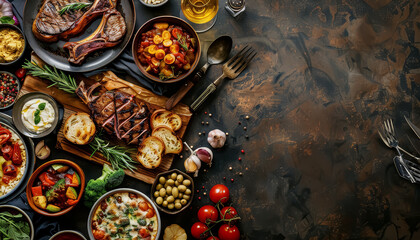 Wall Mural - A large table is covered with a variety of food, including meat, vegetables