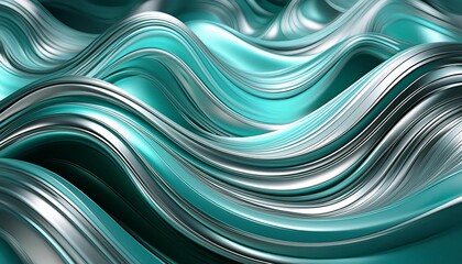 Wall Mural - Fluid metallic waves in shades of teal and silver create a mesmerizing abstract pattern. The smooth curves and reflective surfaces convey a sense of motion and elegance