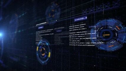Leinwandbilder - HUD futuristic spinning circle crosshair, gadget on UI template for business development, game, technology vertical perspective view 4K motion