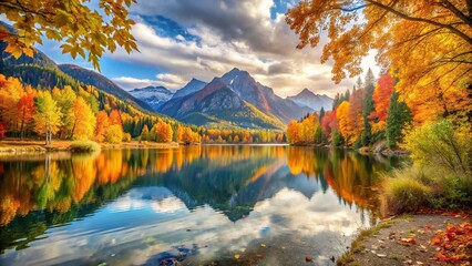 Wall Mural - Serene autumn landscape with lake, mountains, colorful trees, and gold leaves scattered around, autumn, landscape, mountain, lake, colorful, trees, forest, watercolor, golden, leaves