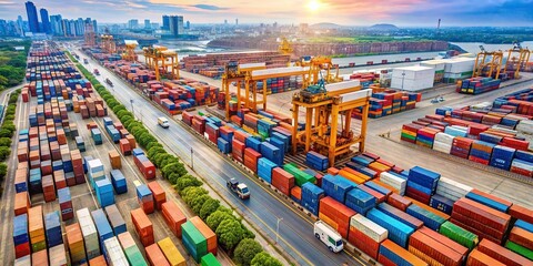 Wall Mural - Aerial view of a bustling container logistic center with trucks and cranes, logistics, containers, transportation, warehouse, shipping, industry, import, export, cargo, supply chain